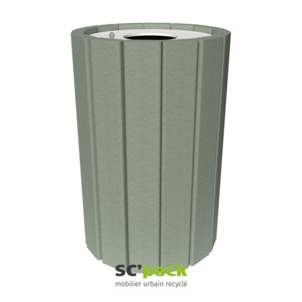 Corbeille ronde 90 litres en PolyAl recyclé avec cerclage de maintien. Robuste et sans entretien. 9 770 briques valorisées. Idéale espaces publics.