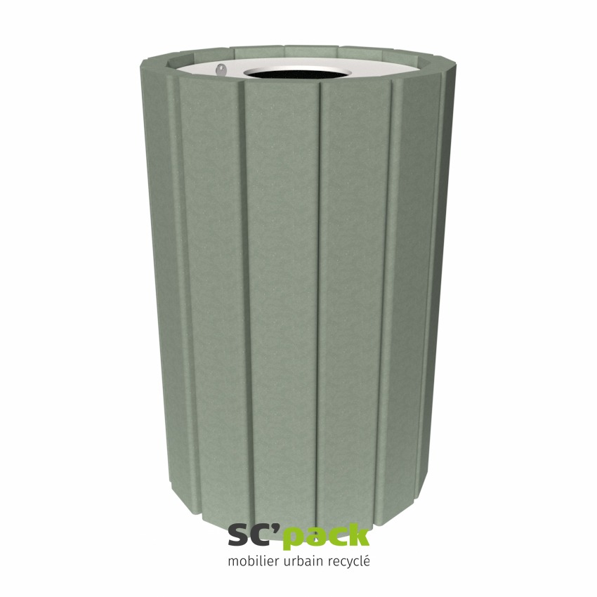 Corbeille ronde 90 litres en PolyAl recyclé avec cerclage de maintien. Robuste et sans entretien. 9 770 briques valorisées. Idéale espaces publics.