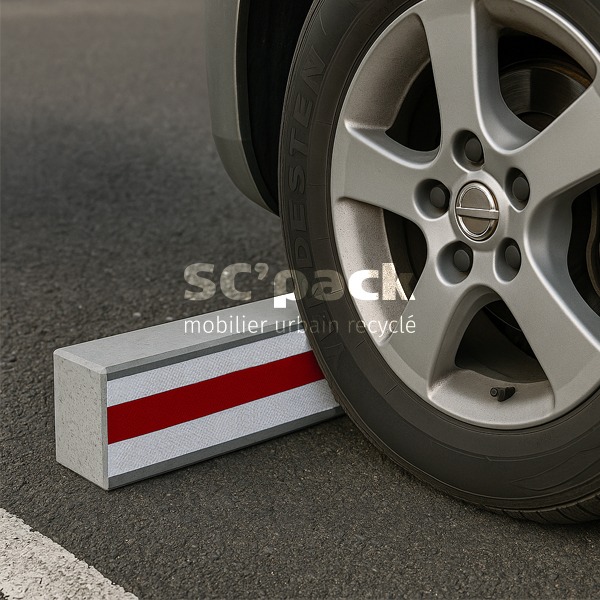 Sécurisez vos parkings avec notre butée en PolyAl recyclé et bande réfléchissante rouge. Durable, résistante et éco-responsable.