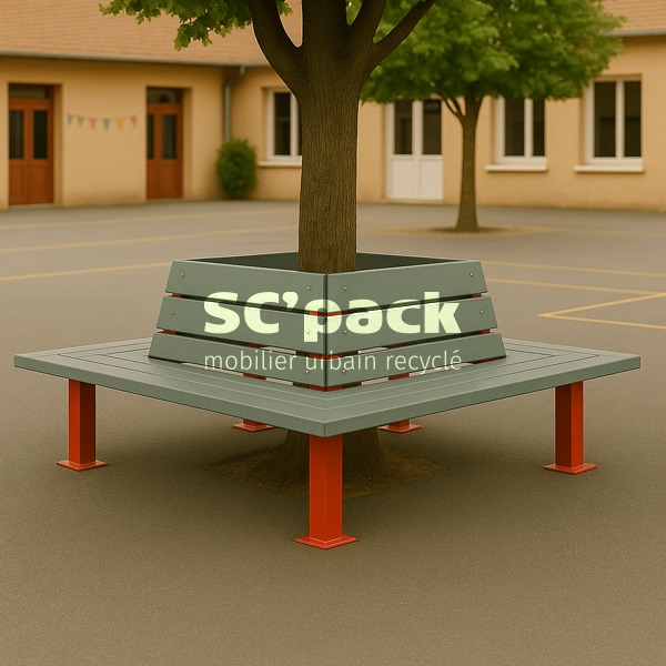 Banc pour tour d’arbre 4 places en PolyAl recyclé avec pieds aluminium laqué. Durable, éco-conçu et idéal pour écoles, parcs et espaces publics.
