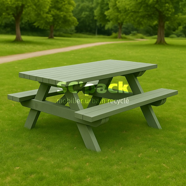 Table de pique-nique classique 1800 mm en PolyAl recyclé, résistante et écologique. Idéale pour écoles, parcs et espaces publics. Livrée en kit.