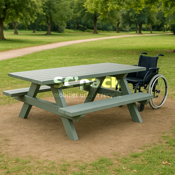 Table de pique-nique PMR en PolyAl recyclé, robuste et accessible aux fauteuils roulants. Idéale pour parcs, écoles, collectivités et aires de loisirs.