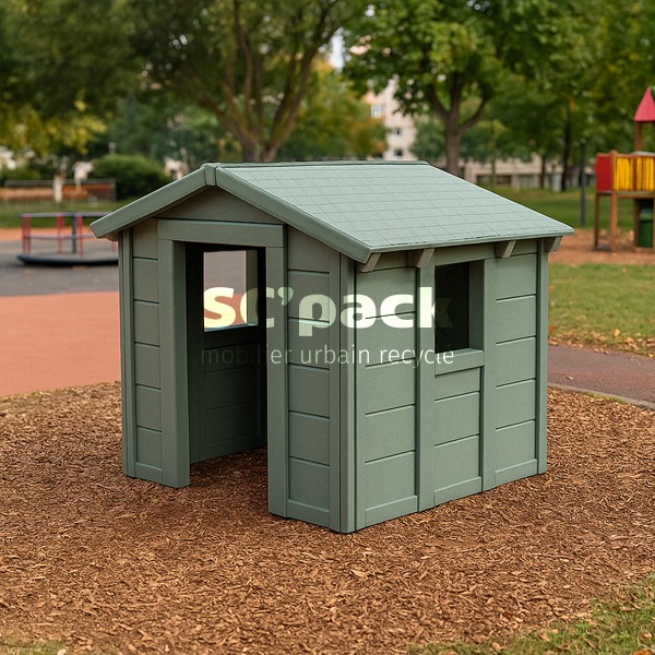Cabane pour enfants en PolyAl recyclé, robuste et sans entretien. Idéale pour écoles, aires de jeux et parcs publics. Livrée montée, prête à l’emploi.