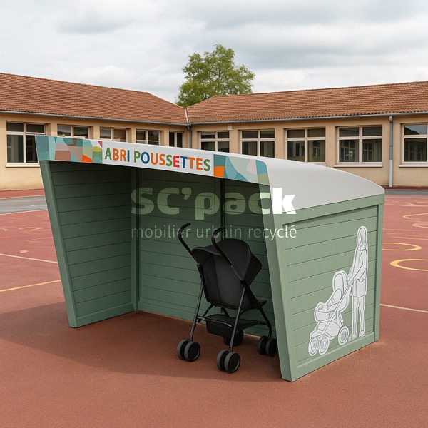 Abri poussettes en PolyAl recyclé : robuste, sécurisé et écologique. Idéal pour crèches, écoles, commerces et espaces publics extérieurs.